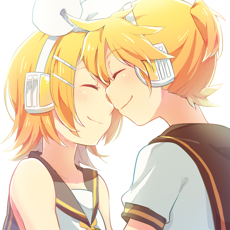 1boy 1girl bare_shoulders blonde_hair bloom blush bow brother_and_sister face-to-face hair_bow hair_ornament hairclip headphones headset kagamine_len kagamine_rin noses_touching reki_(arequa) sailor_collar shirt short_hair short_ponytail siblings sleeveless sleeveless_shirt smile twins vocaloid