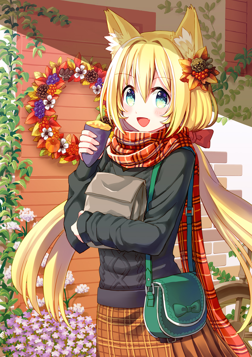 1girl :d animal_ear_fluff animal_ears autumn bag bangs black_sweater blonde_hair blush bow brown_skirt cat_ears coconat_summer commentary fang flower flower_wreath food green_eyes hair_bow hair_intakes hair_ornament highres holding holding_food leaf_hair_ornament long_hair long_sleeves looking_at_viewer open_mouth original paper_bag plaid plaid_scarf plaid_skirt plant red_bow red_scarf scarf ship's_wheel shoulder_bag skirt smile solo sweater sweet_potato twintails vines yakiimo