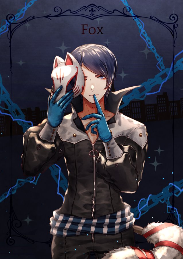 1boy bangs black_bodysuit blue_eyes blue_gloves blue_hair bodysuit card_(medium) chains fox_mask fox_tail gloves holding holding_mask index_finger_raised kitagawa_yuusuke looking_at_viewer mask parted_bangs persona persona_5 shiny shiny_hair short_hair solo tail wani_(fadgrith)