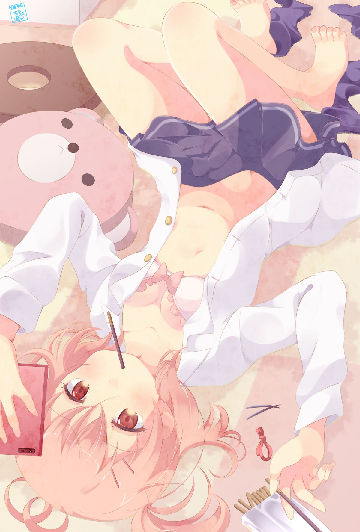 1girl ahoge aosora_neko barefoot blue_skirt bow bow_bra bra brown_eyes cellphone collarbone cushion dress_shirt food from_above highres holding holding_food holding_phone legwear_removed lying mouth_hold navel on_back on_floor open_clothes open_shirt original phone pink_bra pink_hair pleated_skirt pocky school_uniform shirt skirt smartphone solo underwear upside-down white_shirt