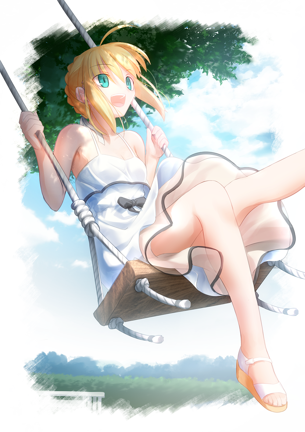 1girl :d ahoge artoria_pendragon_(all) blonde_hair blue_eyes breasts cleavage collarbone dress eyebrows_visible_through_hair fate/stay_night fate_(series) floating_hair hair_between_eyes highres leg_up looking_up migiha open_mouth saber see-through short_hair sidelocks sitting sleeveless sleeveless_dress small_breasts smile solo sundress tied_hair white_background white_dress