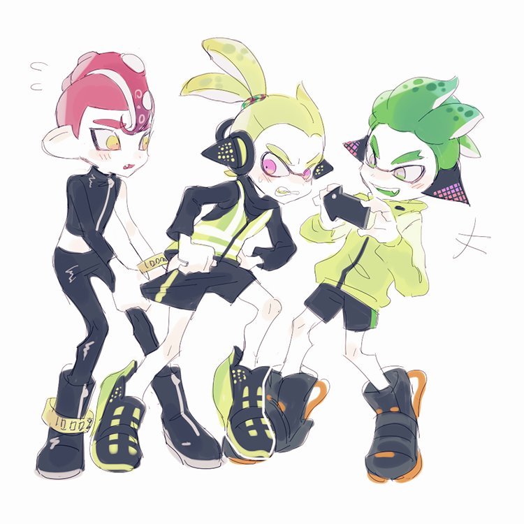 3boys agent_8 anklet bike_shorts black_shirt blonde_hair domino_mask green_hair inkling jewelry male_focus mask midriff multiple_boys nintendo noii octoling pink_eyes pointy_ears ponytail redhead shirt splatoon splatoon_2 splatoon_2:_octo_expansion squidbeak_splatoon tentacle_hair yellow_coat