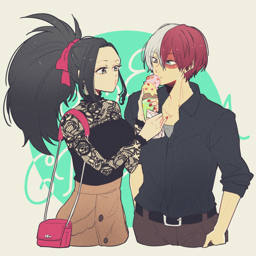 1boy 1girl bag black_hair blue_eyes boku_no_hero_academia burn_scar casual facial_scar food grey_eyes hair_ribbon handbag heterochromia hiyoko_(prism.) ice_cream ice_cream_cone long_hair multicolored_hair ponytail redhead ribbon scar todoroki_shouto two-tone_hair white_hair yaoyorozu_momo