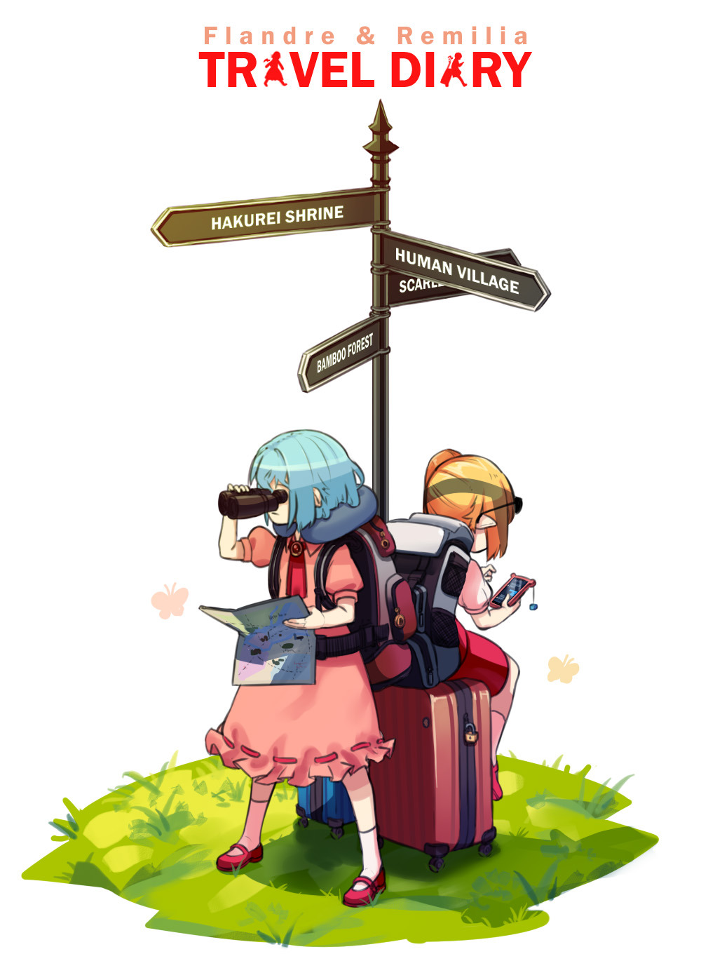 2girls ascot backpack bag binoculars blue_hair brooch bug butterfly cellphone character_name commentary dress english_commentary eyewear_on_head flandre_scarlet full_body grass hand_up highres holding holding_binoculars holding_map holding_phone insect jewelry kneehighs lock long_hair map mary_janes multiple_girls no_hat no_headwear phone pink_dress pointy_ears puffy_short_sleeves puffy_sleeves red_footwear red_neckwear red_skirt red_vest remilia_scarlet ribbon-trimmed_dress ribbon_trim rolling_suitcase shadow shirt shoes short_hair short_sleeves siblings side_ponytail simple_background sisters sitting skirt skirt_set smartphone standing sunglasses touhou vest white_background white_legwear white_shirt yoruny