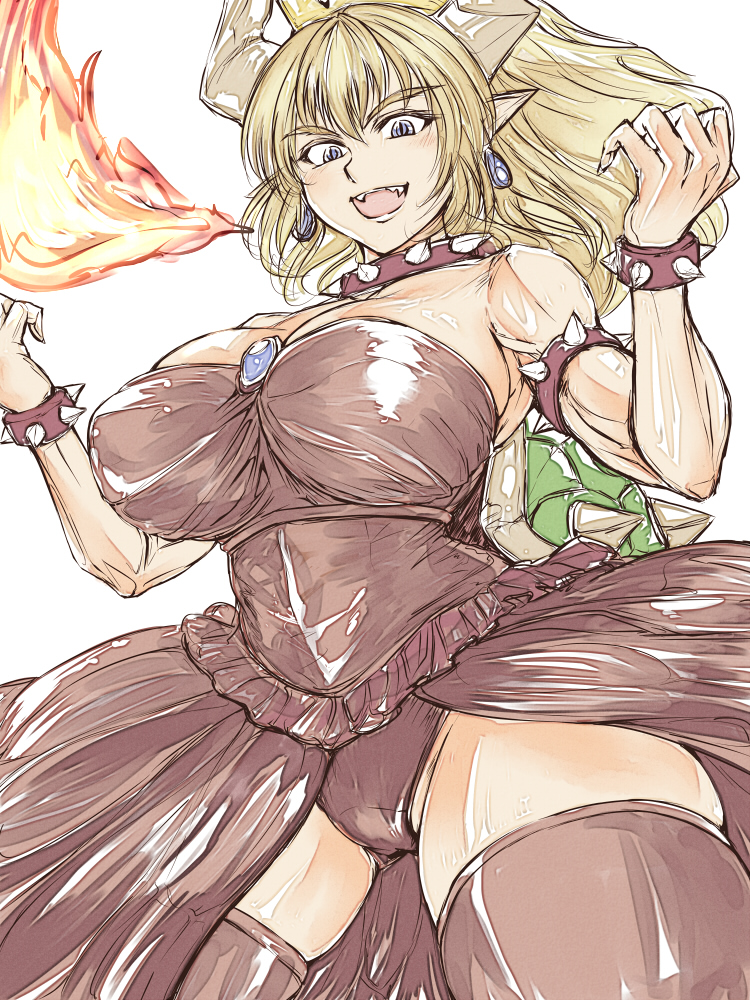 1girl black_collar black_dress black_legwear black_leotard blonde_hair blue_earrings bowsette bracelet breasts breathing_fire collar cowboy_shot crown dress earrings enu_(n_storage) fire from_below horns huge_breasts jewelry leotard long_hair looking_at_viewer super_mario_bros. new_super_mario_bros._u_deluxe nintendo open_mouth pointy_ears sharp_teeth simple_background smile solo spiked_armlet spiked_bracelet spiked_collar spiked_shell spikes strapless strapless_dress teeth thigh-highs turtle_shell white_background