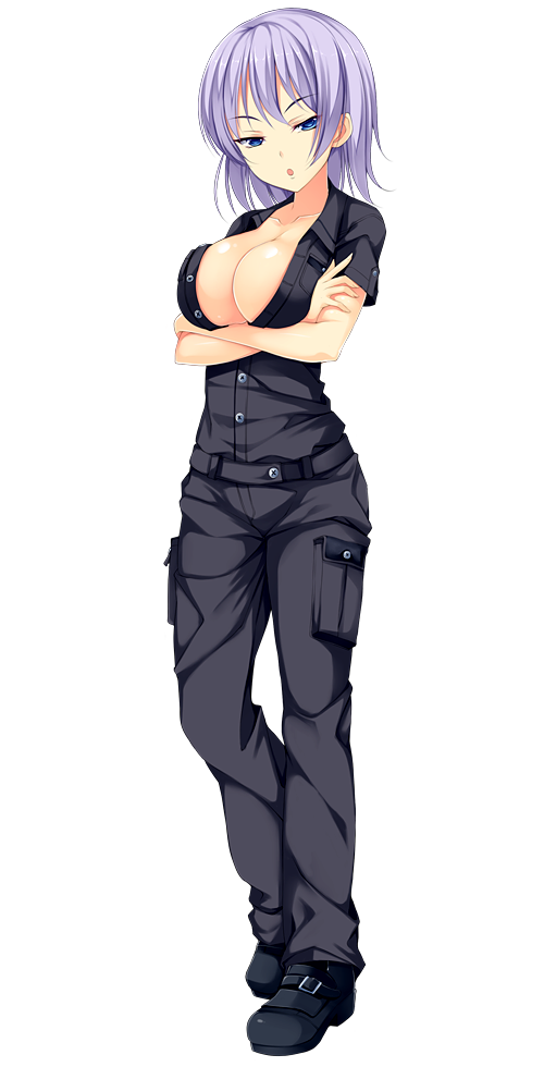 1girl black_footwear black_pants black_shirt blue_eyes breasts cleavage crossed_arms full_body large_breasts liliana_theresa_smirnov looking_at_viewer official_art pants patriarch_xtasy pocket purple_hair shirt shoes short_hair short_sleeves solo standing transparent_background