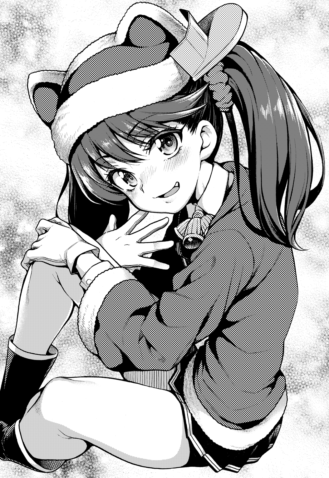 1girl animal_hat bell boots commentary_request fang fur_trim gloves greyscale hair_ornament hair_scrunchie hat highres kantai_collection looking_at_viewer miniskirt monochrome pleated_skirt ryuujou_(kantai_collection) santa_costume santa_hat scrunchie skirt solo thighs twintails uousa-ou visor_cap