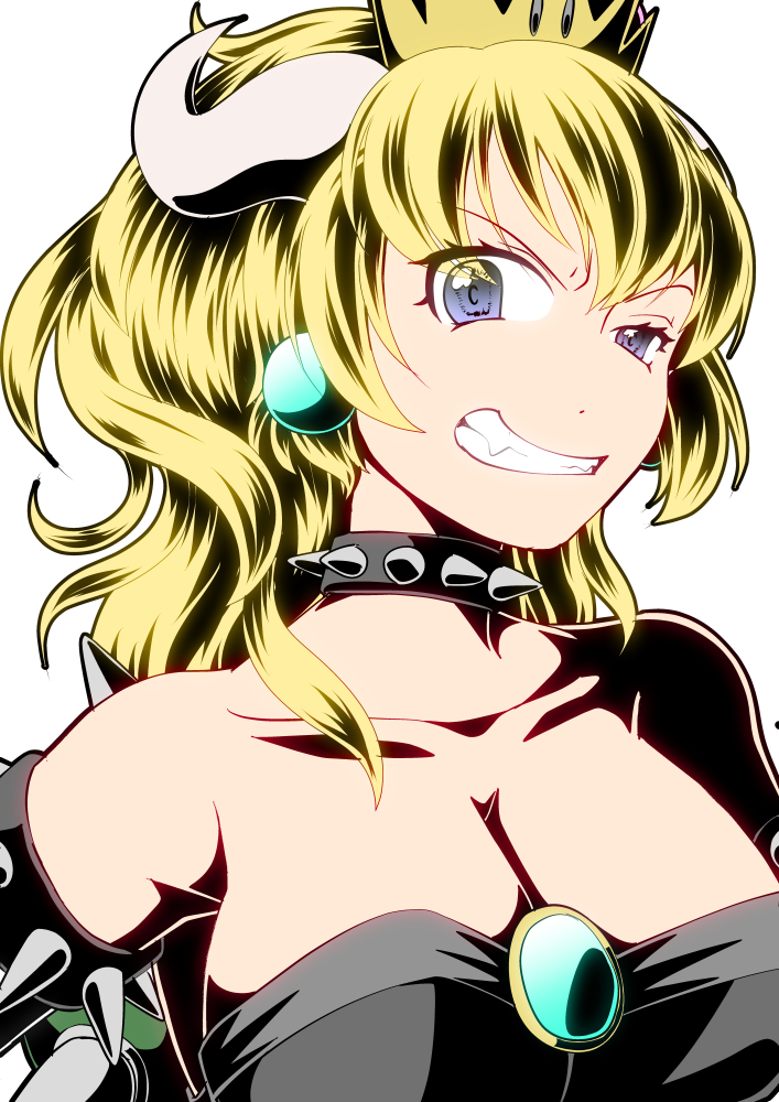 1girl aqua_earrings black_dress blonde_hair blue_eyes bowsette breasts cleavage collar collarbone crown dress earrings grin horns jewelry kumaomega long_hair looking_at_viewer super_mario_bros. new_super_mario_bros._u_deluxe nintendo portrait sharp_teeth simple_background smile solo spiked_armlet spiked_collar spiked_shell spikes strapless strapless_dress super_crown teeth turtle_shell white_background