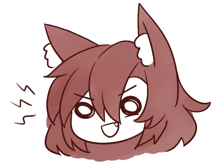 1girl :d animal_ear_fluff animal_ears bangs brown_hair chibi disembodied_head eyebrows_visible_through_hair fang hair_between_eyes imaizumi_kagerou o_o open_mouth short_hair smile solo spot_color touhou v-shaped_eyebrows wolf_ears wool_(miwol)