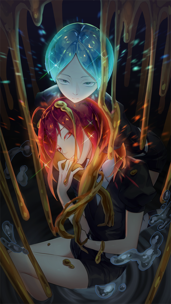 2others ahoge androgynous aqua_eyes aqua_hair arms_around_neck blue_eyes blue_hair chariot.f colored_eyelashes crystal_hair gem_uniform_(houseki_no_kuni) gold golden_arms houseki_no_kuni hug hug_from_behind long_bangs looking_at_viewer melting mercury multiple_others phosphophyllite red_eyes redhead shinsha_(houseki_no_kuni) short_hair