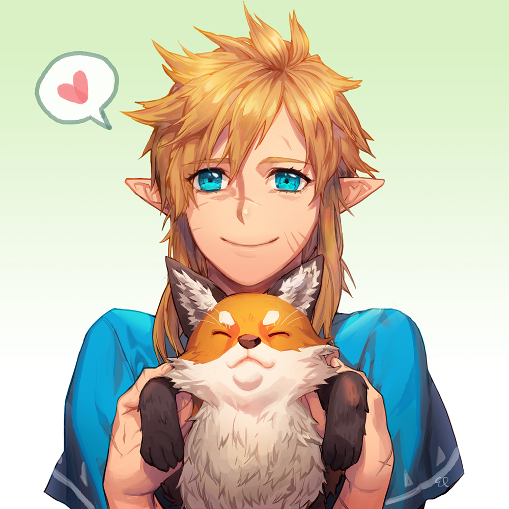 1boy 1other :3 animal blonde_hair blue_eyes blue_shirt closed_eyes closed_mouth disheveled ed_(chibied) eyebrows_visible_through_hair fox fur hair_between_eyes heart holding holding_animal link long_hair looking_at_viewer nintendo orange_fur pointy_ears print_shirt scratches shirt short_sleeves simple_background smile the_legend_of_zelda white_background white_fur