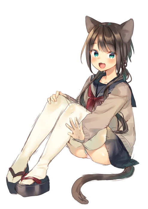 1girl :d animal_ears bangs black_footwear blue_sailor_collar blue_skirt blush brown_cardigan brown_hair cardigan cat_ears cat_girl cat_tail commentary_request eyebrows_visible_through_hair fang flower_knot full_body green_eyes hair_ornament long_hair long_sleeves low_twintails midorikawa_you neckerchief open_mouth original outstretched_arm panties platform_footwear red_neckwear sailor_collar school_uniform serafuku simple_background skirt sleeves_past_wrists smile solo tail thigh-highs twintails underwear very_long_hair white_background white_legwear white_panties zouri