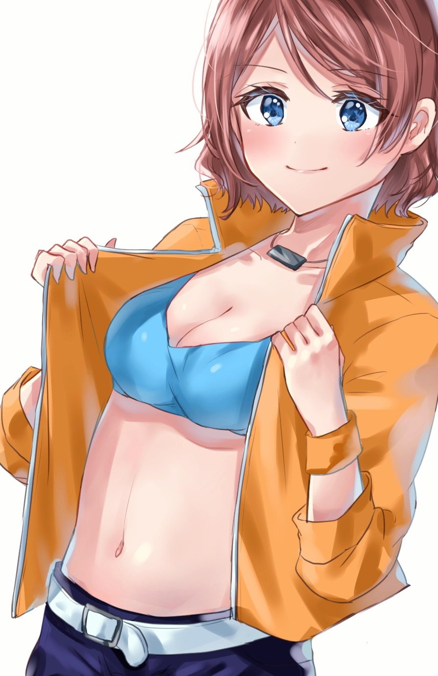 1girl belt blue_bra blue_eyes blush bra breasts brown_hair cleavage commentary_request highres jacket jewelry long_sleeves looking_at_viewer love_live! love_live!_sunshine!! medium_breasts minori_748 navel necklace no_shirt open_clothes open_jacket orange_jacket short_hair simple_background smile solo stomach underwear upper_body watanabe_you white_background white_belt wristband