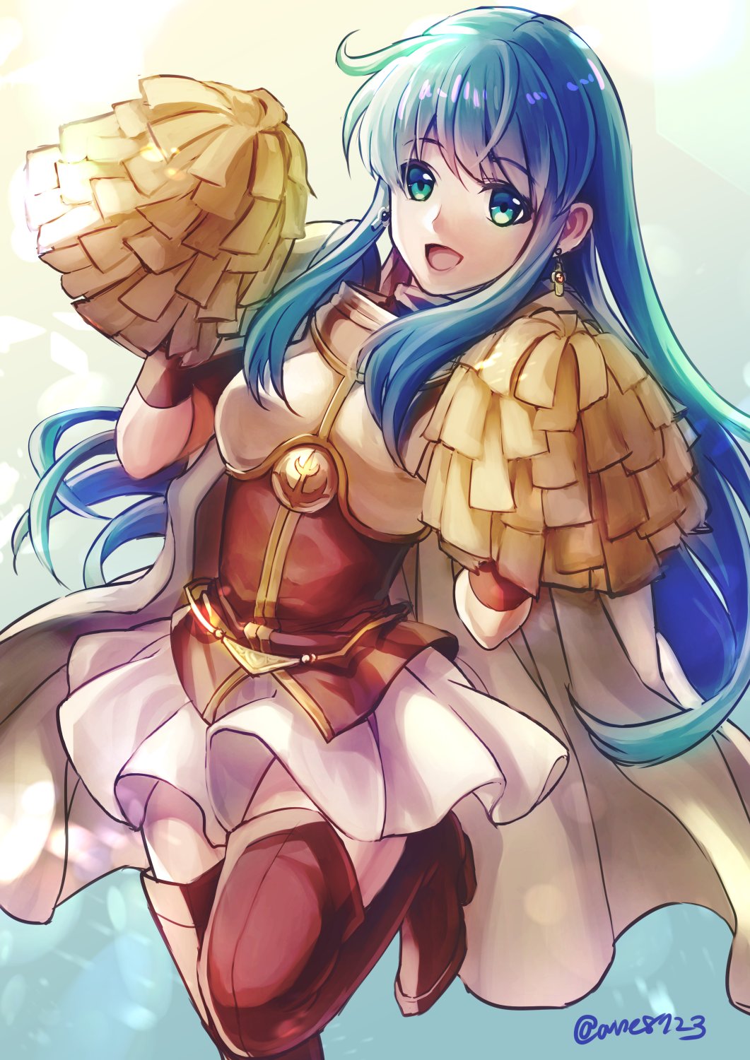 1girl ane-suisei aqua_eyes aqua_hair breastplate cape earrings eirika eirika_(fire_emblem) fire_emblem fire_emblem:_seima_no_kouseki fire_emblem:_the_sacred_stones fire_emblem_8 fire_emblem_heroes highres intelligent_systems jewelry leg_up long_hair nintendo open_mouth pom_poms skirt solo twitter_username white_skirt