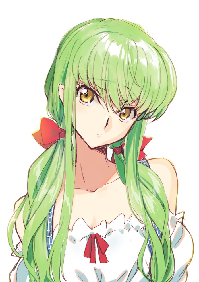 1girl bow breasts c.c. cleavage code_geass collarbone creayus detached_sleeves eyebrows_visible_through_hair green_hair hair_between_eyes hair_bow head_tilt long_hair looking_at_viewer neck_ribbon red_bow red_ribbon ribbon sketch small_breasts solo twintails upper_body white_sleeves yellow_eyes