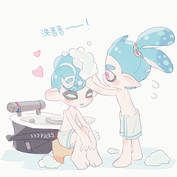 2boys aqua_hair bare_chest bath closed_eyes domino_mask flying_sweatdrops high_ponytail indoors inkling male_focus mask mohawk multiple_boys naked_towel nintendo noii octarian octoling pink_eyes ponytail splatoon splatoon_2 towel
