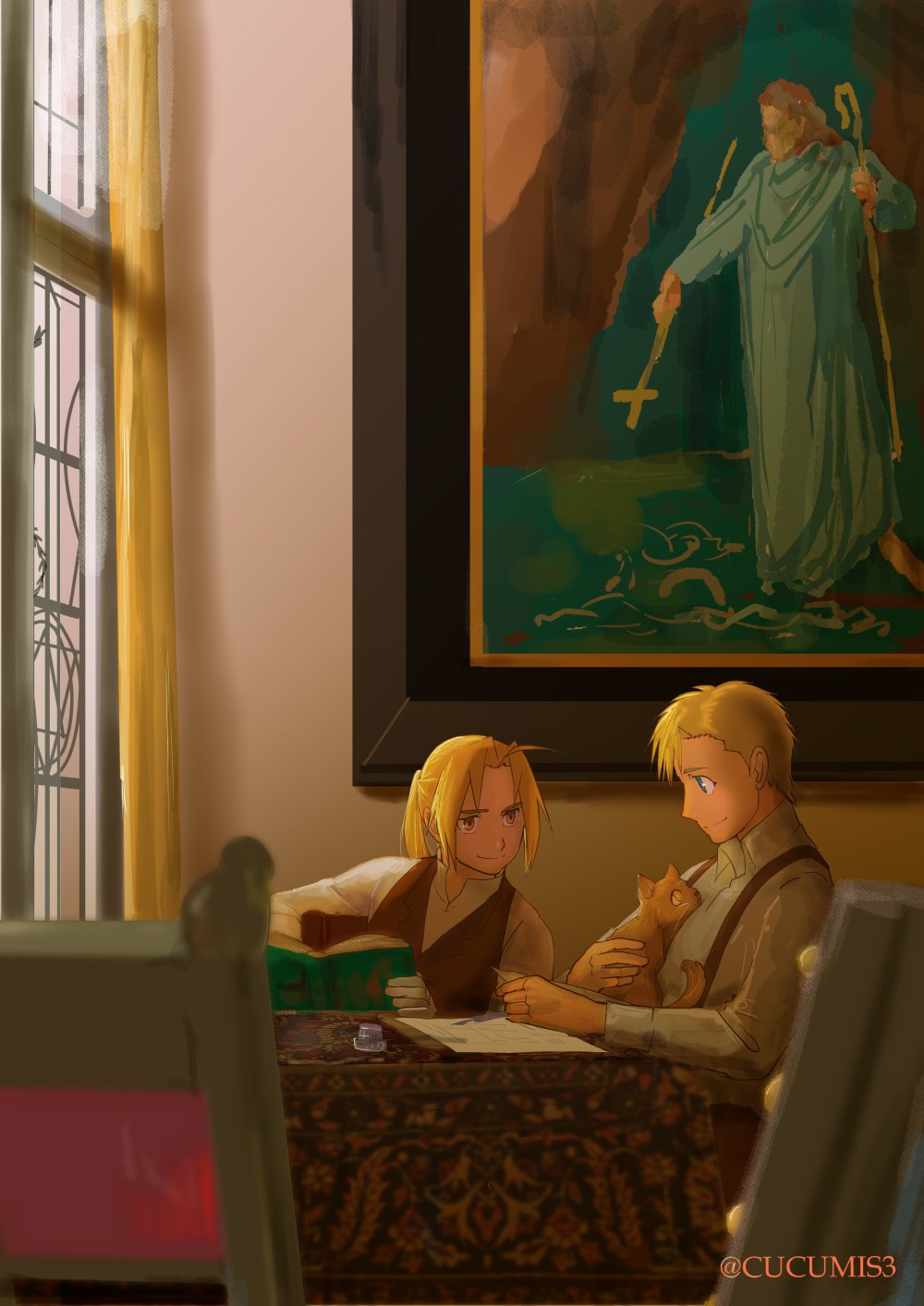 2boys alphonse_heiderich bangs blonde_hair blue_eyes blurry book cat chair commentary_request conqueror_of_shambala cross day depth_of_field edward_elric fullmetal_alchemist gloves happy height_difference highres indoors looking_at_another male_focus multiple_boys painting_(object) paper ponytail profile shadow shirt short_hair sitting smile staff suspenders table twitter_username urikurage waistcoat white_shirt window yellow_eyes