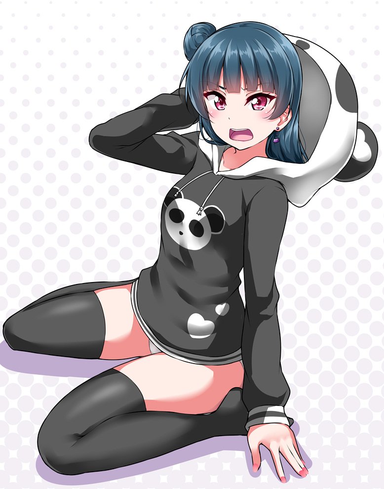 1girl adjusting_hood animal_print arm_up bangs bear_print black_hoodie black_legwear blue_hair blush commentary_request drawstring halftone halftone_background hood hood_down hoodie long_hair long_sleeves looking_at_viewer love_live! love_live!_sunshine!! nail_polish no_pants no_shoes open_mouth panda_hood panda_print panties pink_nails print_hoodie side_bun sitting solo thigh-highs tsushima_yoshiko underwear violet_eyes wariza white_panties yopparai_oni