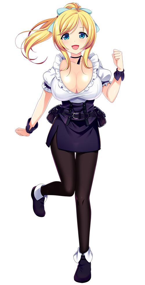 1girl :d alicia_sewall belt_pouch black_footwear black_legwear black_skirt blonde_hair blue_bow blue_eyes bow breasts cleavage clenched_hand frills full_body hair_bow hand_up large_breasts long_hair looking_at_viewer official_art open_mouth pantyhose patriarch_xtasy pencil_skirt ponytail pouch puffy_short_sleeves puffy_sleeves short_sleeves skirt smile solo standing standing_on_one_leg transparent_background wrist_cuffs
