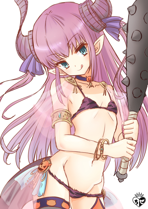 1girl :q animal_print bangs bare_shoulders bikini blue_choker blush bracelet chize choker closed_mouth club collarbone curled_horns dragon_horns dragon_tail elizabeth_bathory_(fate) elizabeth_bathory_(fate)_(all) eyebrows_visible_through_hair fate/extra fate/extra_ccc fate_(series) flat_chest green_eyes groin hair_ribbon head_tilt holding horns jewelry leopard_print long_hair navel pink_hair pointy_ears purple_bikini purple_ribbon ribbon simple_background smile solo spiked_club swimsuit tail thigh-highs tongue tongue_out transparent two_side_up v-shaped_eyebrows very_long_hair weapon white_background