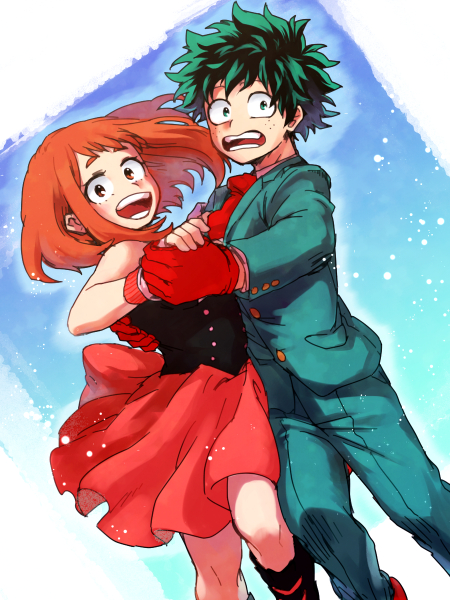 1boy 1girl :d bare_shoulders black_dress blush boku_no_hero_academia brown_eyes brown_hair couple dancing dress freckles gloves green_eyes green_hair green_suit hetero hk_(nt) looking_at_viewer messy_hair midoriya_izuku necktie open_mouth pink_dress red_gloves red_neckwear short_hair smile strapless strapless_dress two-tone_dress uraraka_ochako