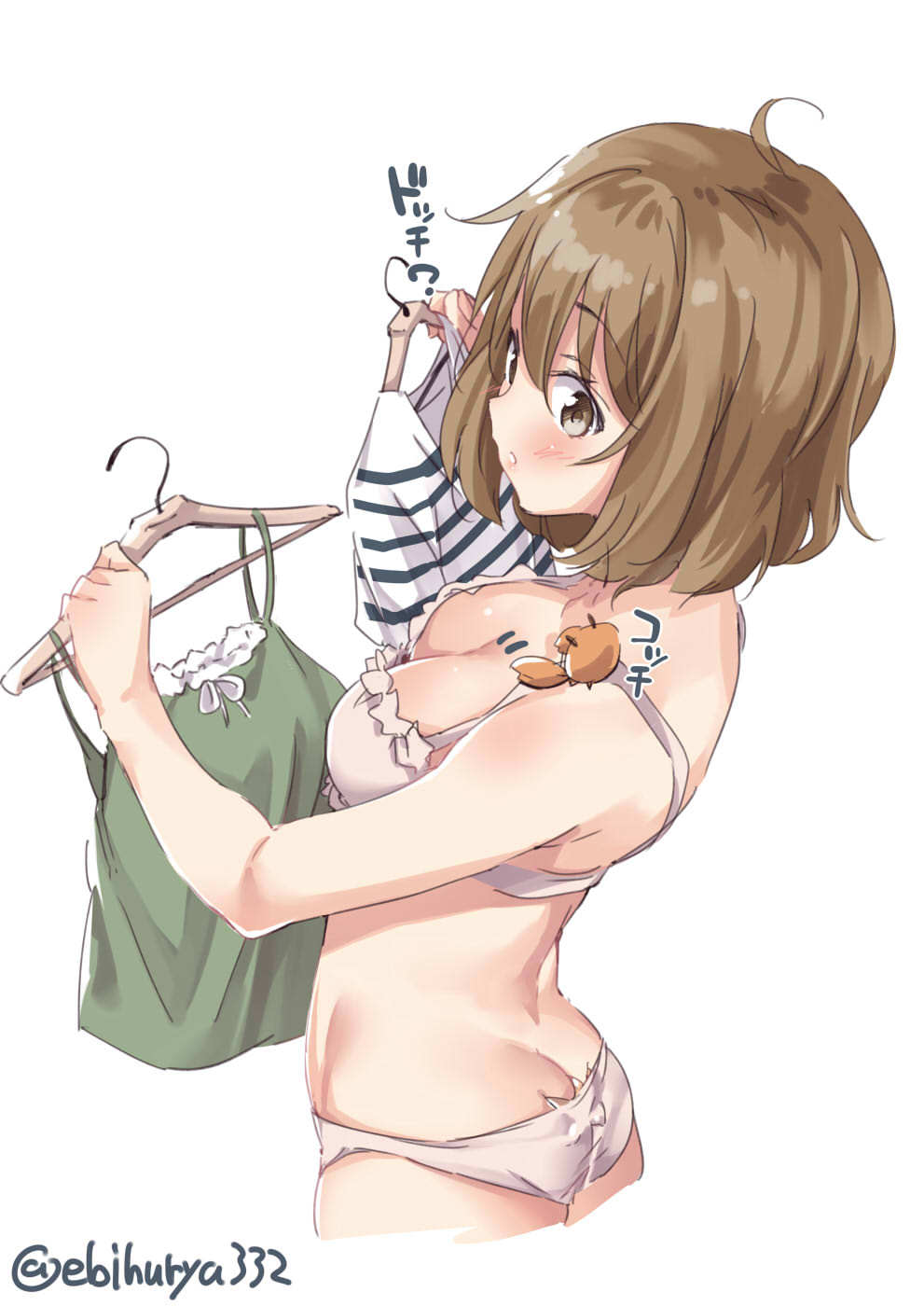 1girl animal animal_on_shoulder ass blush bra breasts brown_eyes brown_hair closed_mouth crab ebifurya eyebrows_visible_through_hair hair_between_eyes hair_ornament highres kantai_collection large_breasts looking_at_viewer oboro_(kantai_collection) panties pet pink_bra pink_panties short_hair simple_background twitter_username underwear white_background