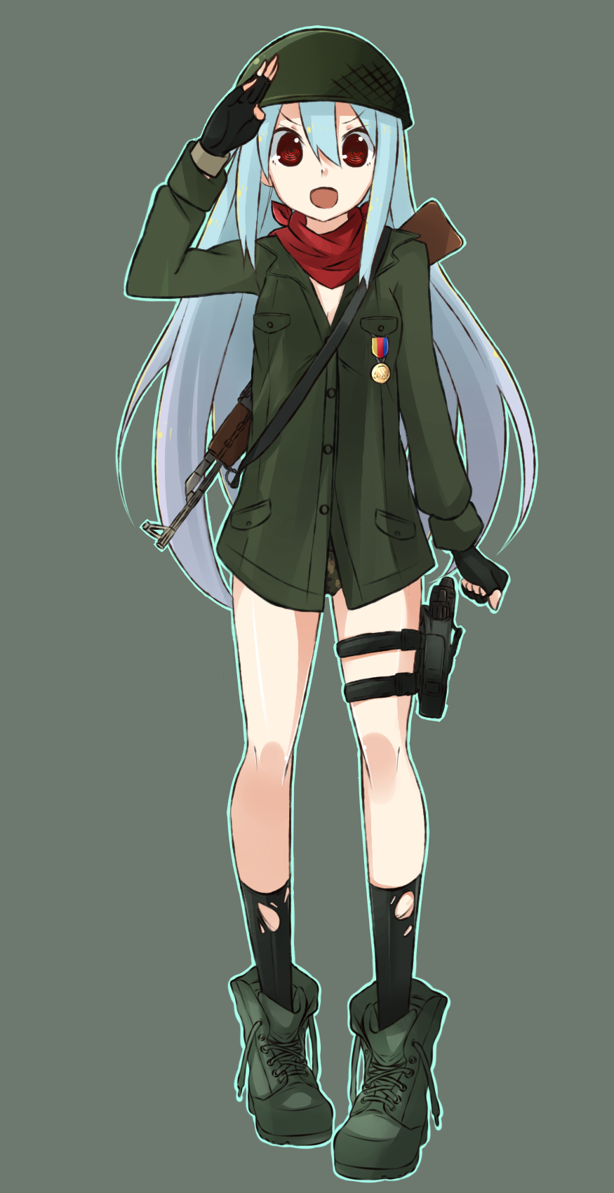 1girl :d black_gloves black_legwear blue_hair blue_outline boots camouflage camouflage_panties clenched_hand cross-laced_footwear eyebrows_visible_through_hair fingerless_gloves full_body gloves green_background green_footwear green_helmet green_panties gun hair_between_eyes handgun helmet heshiko highres holster long_hair long_sleeves looking_at_viewer myuto_(advent_retribution) no_pants open_mouth outline panties pistol red_eyes red_scarf rifle salute scarf smile socks solo standing thigh_holster torn_clothes torn_legwear totsugeki!_ningen_sensha underwear untied_boots v-shaped_eyebrows very_long_hair weapon