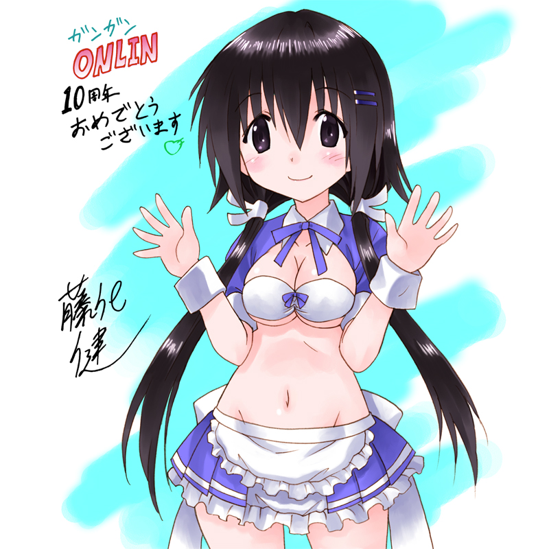 1girl apron bangs black_hair blue_ribbon blue_skirt blush bra breasts cahe_tantei-bu cleavage closed_mouth detached_collar eyebrows_visible_through_hair frilled_skirt frills fujishiro_takeshi hair_ornament hair_over_shoulder hairclip hands_up long_hair looking_at_viewer medium_breasts navel official_art ribbon signature skirt smile solo tokigawa_emina twintails underwear violet_eyes white_bra