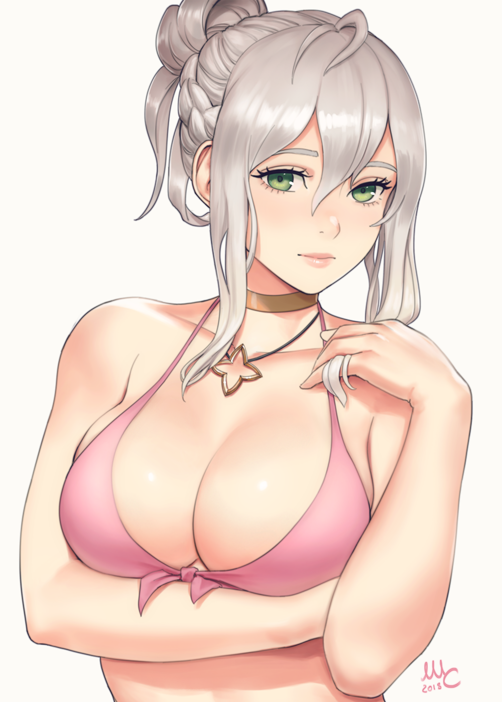 1girl 2018 bikini bikini_top breasts choker cleavage collarbone commentary effie english_commentary fire_emblem fire_emblem_heroes green_eyes highres intelligent_systems jewelry large_breasts looking_at_viewer necklace nintendo parted_lips pink_bikini pink_bikini_top sciamano240 signature silver_hair simple_background solo summer swimsuit upper_body white_background