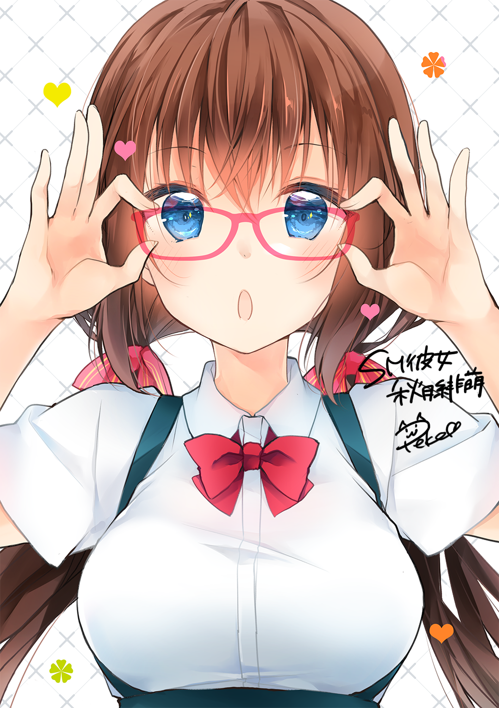 1girl :o adjusting_eyewear bangs blue_eyes bow breasts brown_hair character_request collared_shirt commentary_request copyright_request glasses hair_bow heart highres large_breasts looking_at_viewer peke_(xoxopeke) red-framed_eyewear red_bow red_neckwear shirt short_sleeves signature skirt solo suspender_skirt suspenders twintails underbust white_shirt