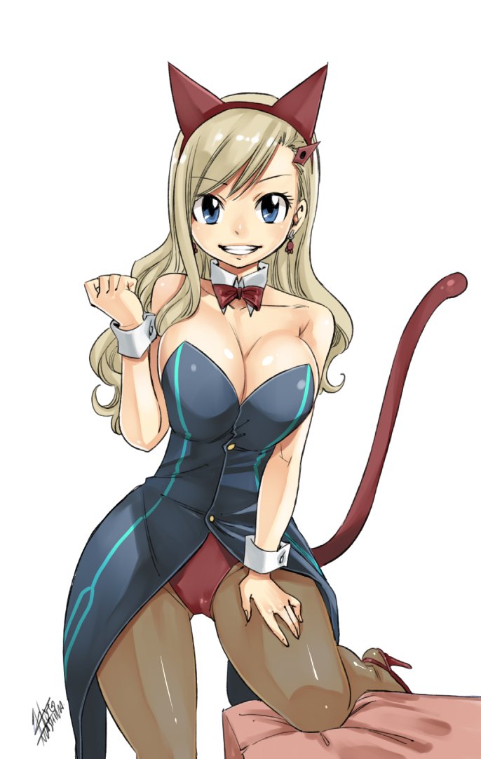 1girl animal_ears bangs blonde_hair blue_eyes blush bow bowtie breasts cat_ears cat_tail cleavage coat detached_collar earrings eden's_zero fake_animal_ears hair_ornament high_heels jewelry large_breasts leotard_under_clothes long_hair mashima_hiro official_art open_mouth pantyhose rebecca_(eden's_zero) signature simple_background sleeveless smile solo strapless swept_bangs tail teeth waistcoat white_background wrist_cuffs