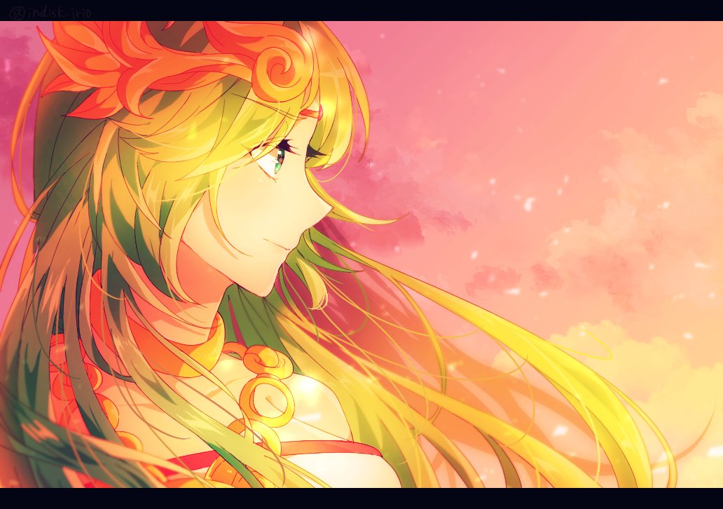 1girl black_border border dress green_eyes green_hair indisk_irio jewelry kid_icarus long_hair necklace nintendo palutena profile strapless strapless_dress sunset tiara