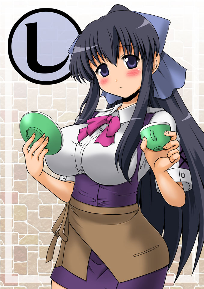 1girl apron bangs black_hair blue_eyes blue_ribbon blush breasts cahe_tantei-bu closed_mouth collared_shirt commentary_request cup eyebrows_visible_through_hair hair_ribbon hanazono_shizuka hands_up holding holding_cup holding_plate large_breasts long_hair looking_at_viewer plate ribbon shirt sidelocks solo very_long_hair white_shirt yokoi_rego