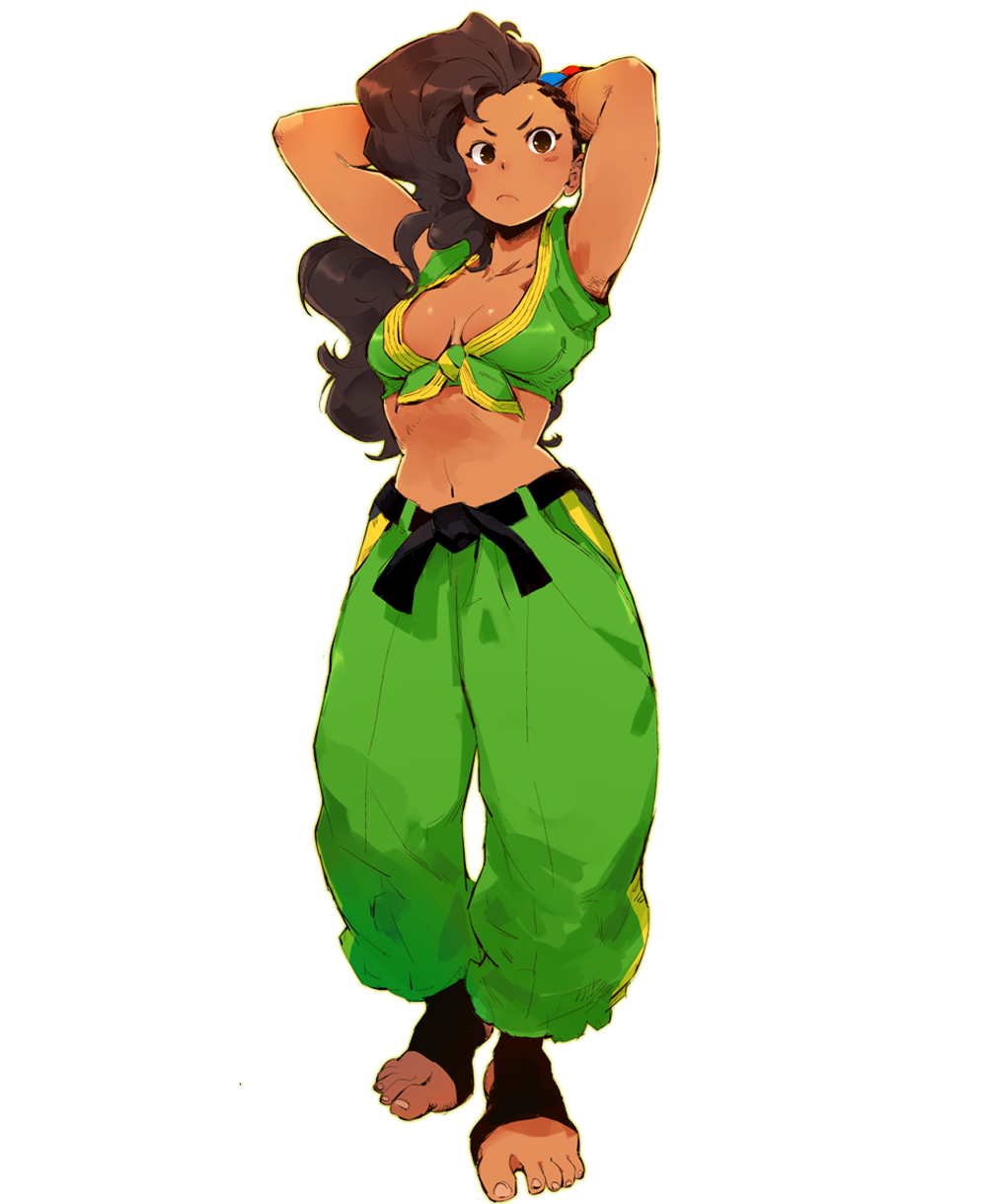 1girl alternate_breast_size andrea_cofrancesco armpits arms_up asymmetrical_hair baggy_pants belt black_belt black_hair black_legwear blush_stickers bracelet breasts brown_eyes cleavage cornrows dark_skin front-tie_top frown full_body green_pants highres jewelry laura_matsuda long_hair midriff navel pants small_breasts solo standing street_fighter street_fighter_v toeless_legwear toes wavy_hair white_background