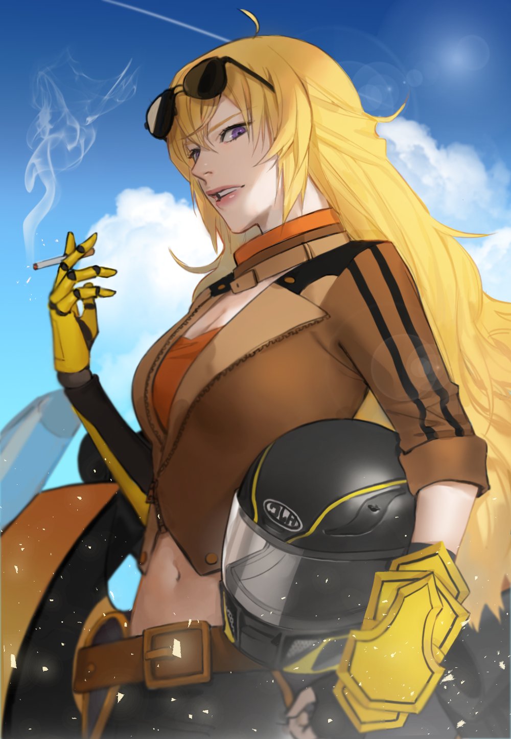 1girl ahoge belt blonde_hair blue_sky breasts brown_jacket chung_rwby cigarette cleavage clouds eyewear_on_head fingerless_gloves gauntlets gloves ground_vehicle helmet highres holding holding_cigarette jacket long_hair midriff motor_vehicle motorcycle motorcycle_helmet navel orange_shirt outdoors parted_lips prosthesis prosthetic_arm rwby shirt sky sleeves_rolled_up smoke standing violet_eyes yang_xiao_long
