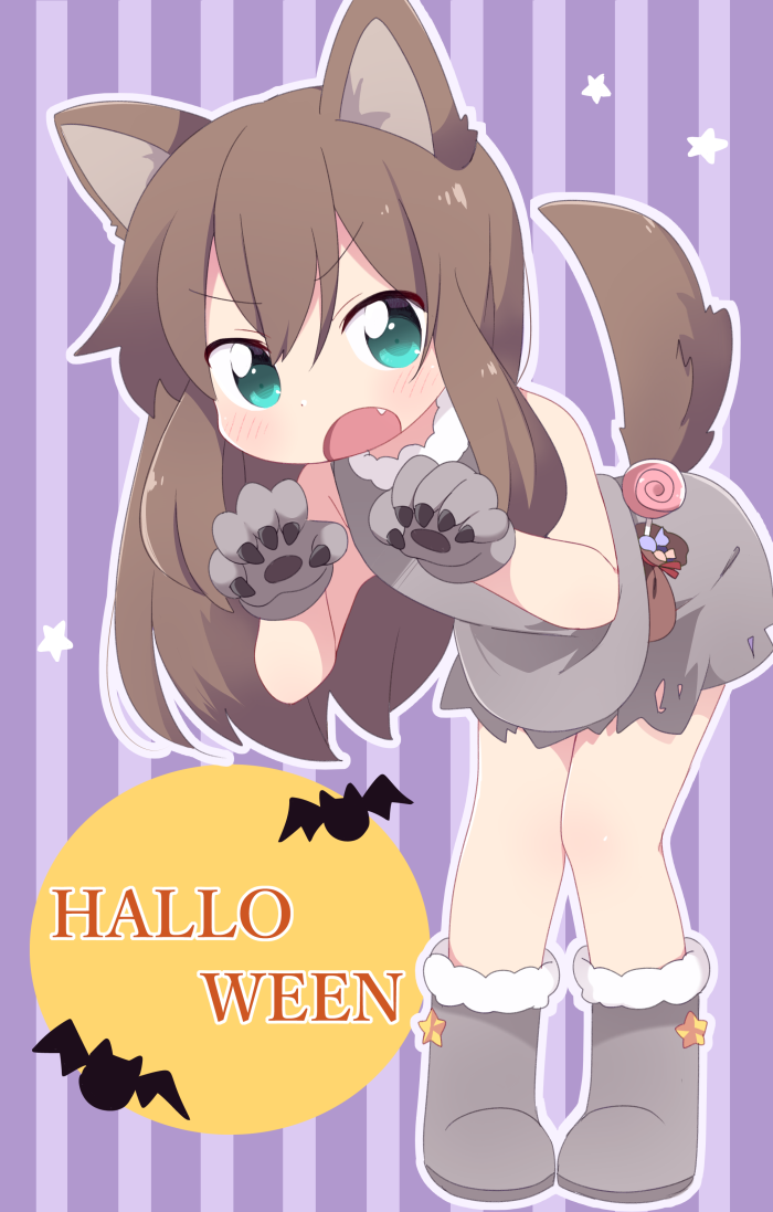 &gt;:o 1girl animal_ears aqua_eyes bare_legs bat bent_over boots brown_hair candy claw_pose dress english fang food full_body gloves grey_footwear halloween lollipop long_hair original outline paw_gloves paws pouch purple_background short_dress sleeveless sleeveless_dress star striped striped_background tail two-tone_background white_outline wolf_ears wolf_tail yasakana_tooi