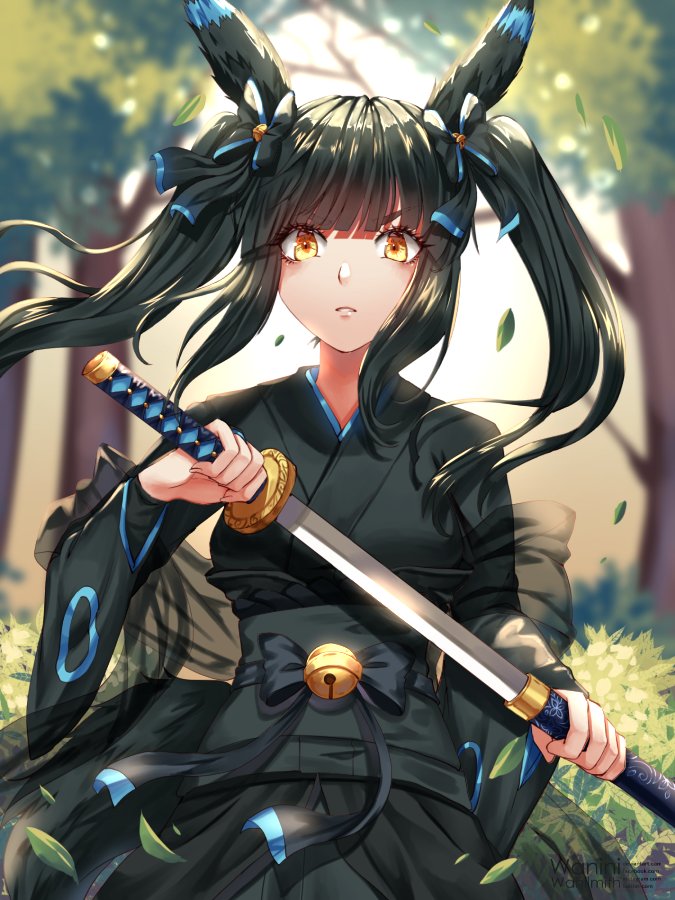 1girl alternate_color animal_ears artist_name bell black_bow black_hair black_kimono blurry blurry_background bow creatures_(company) floating_hair game_freak gen_2_pokemon hair_bow holding holding_sheath holding_sword holding_weapon humanization japanese_clothes kimono long_hair long_sleeves looking_at_viewer nintendo obi outdoors parted_lips pokemon sash see-through sheath shiny_pokemon solo sword twintails umbreon unsheathing wani_(fadgrith) weapon yellow_eyes