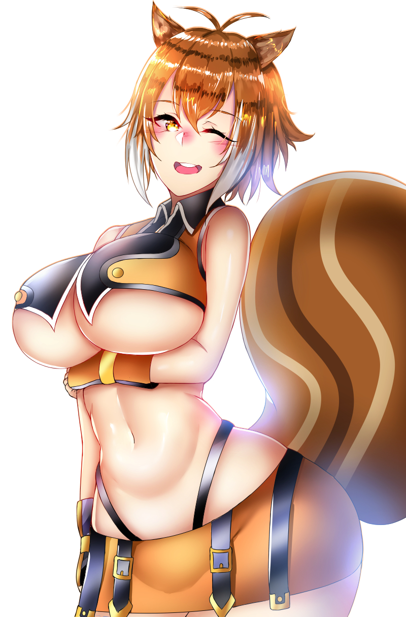 1girl animal_ears antenna_hair bare_shoulders blazblue blush breasts brown_hair commentary curvy fingerless_gloves gloves highres huge_breasts kuuki_(rakam) looking looking_at_viewer makoto_nanaya midriff navel one_eye_closed round_teeth short_hair simple_background skindentation skirt solo squirrel_ears squirrel_tail tail teeth thick_thighs thighs under_boob white_background wide_hips yellow_eyes