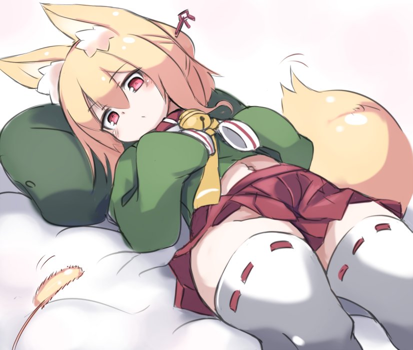 1girl animal_ear_fluff animal_ears bangs bed_sheet bell bell_collar belly_peek blonde_hair blush borrowed_character cat_teaser closed_mouth collar commentary_request eyebrows_visible_through_hair fox_ears fox_girl fox_tail green_shirt groin hair_between_eyes hands_on_own_stomach hands_up head_tilt jingle_bell karukan_(monjya) kemomimi-chan_(naga_u) long_hair long_sleeves looking_to_the_side lying navel on_back original pillow pleated_skirt red_collar red_eyes red_skirt ribbon-trimmed_legwear ribbon_trim shirt sidelocks skirt sleeves_past_fingers sleeves_past_wrists solo tail thigh-highs white_legwear