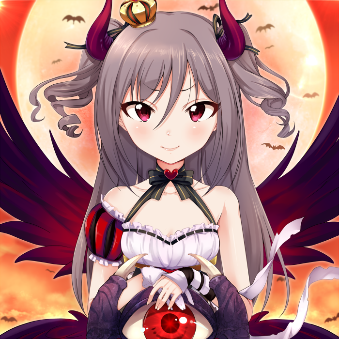 &gt;:) 1girl asymmetrical_gloves bat crown drill_hair evil_eyes eyebrows_visible_through_hair frills gloves grey_hair heart horns idolmaster idolmaster_cinderella_girls kalian kanzaki_ranko long_hair mini_crown moon red_eyes red_moon ribbon smile twin_drills twintails wings