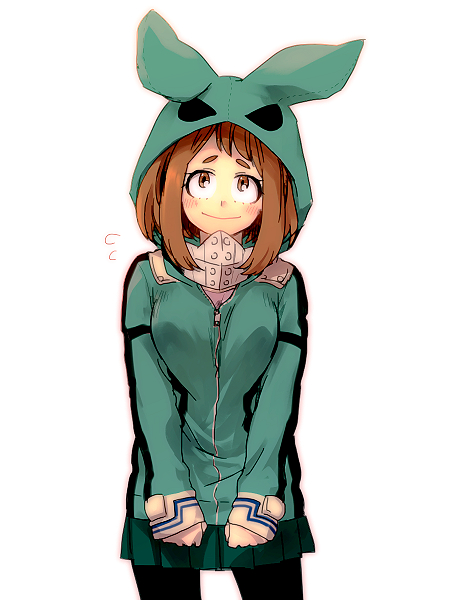 1girl black_legwear blush boku_no_hero_academia breasts brown_eyes brown_hair cosplay green_shirt hk_(nt) hood hood_up hoodie looking_at_viewer medium_breasts midoriya_izuku midoriya_izuku_(cosplay) pantyhose pleated_skirt shirt short_eyebrows short_hair sidelocks simple_background skirt smile solo uraraka_ochako white_background