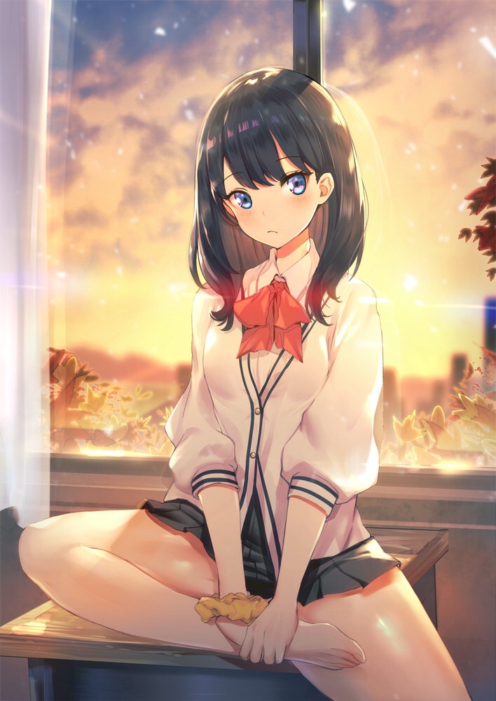 1girl backlighting bangs barefoot black_hair black_skirt blue_eyes blush bow breasts buttons closed_mouth curtains desk feet legs lens_flare long_hair long_sleeves looking_at_viewer miniskirt orange_scrunchie pleated_skirt red_bow red_neckwear scrunchie sitting skirt solo ssss.gridman sunset sweater takarada_rikka teddy_(khanshin) thighs white_sweater window wrist_scrunchie