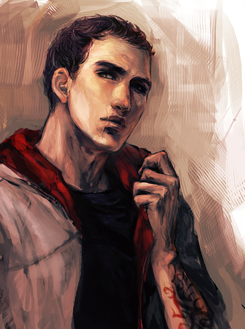 1boy arm_tattoo assassin's_creed_(series) brown_hair desmond_miles hood hood_down hoodie male_focus mouth_scar open_clothes open_hoodie scar solo tattoo yuki_(yuhzen)