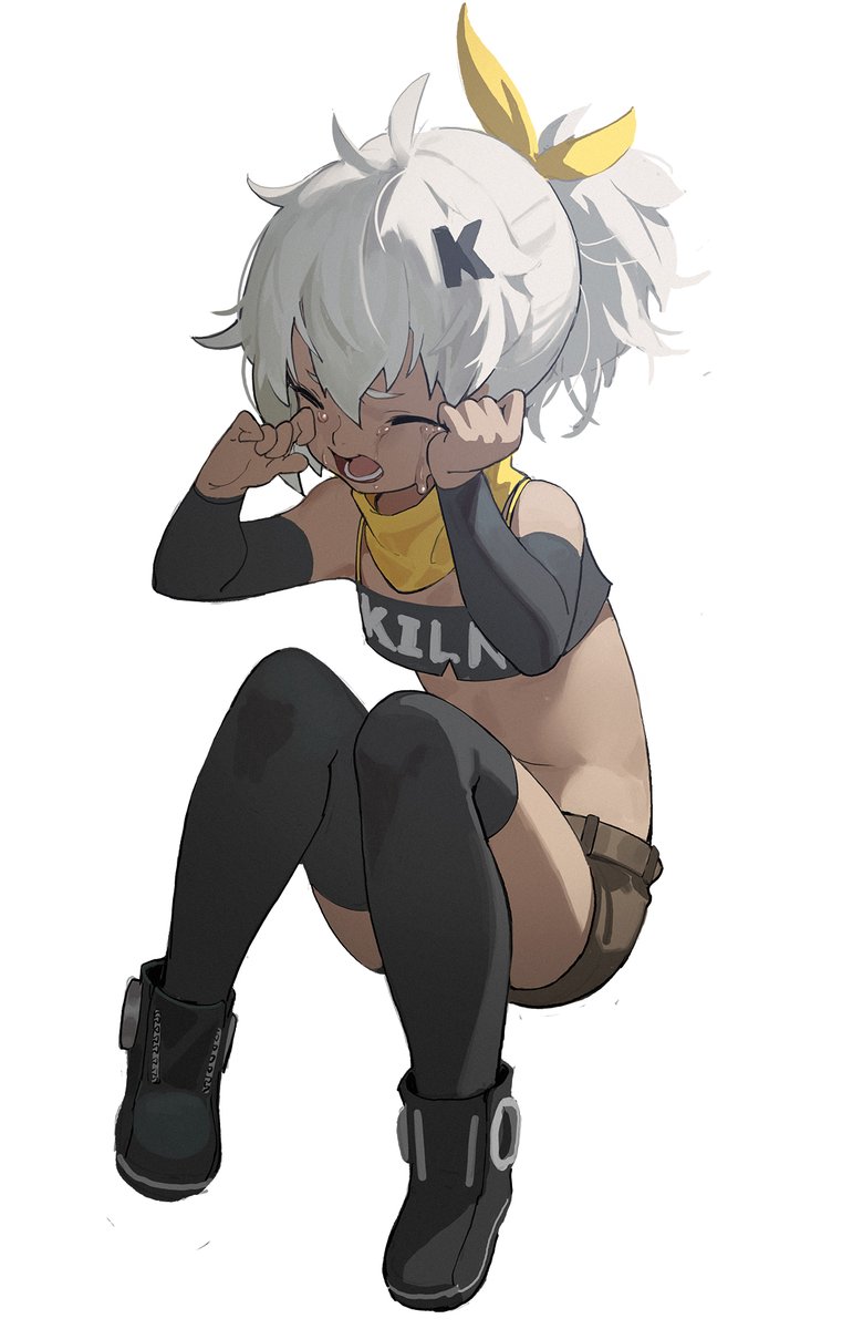 1girl antenna_hair arm_up bangs bare_shoulders belt black_footwear black_legwear black_sleeves boots brown_belt brown_shorts closed_eyes crop_top crying dark_skin detached_sleeves facing_viewer full_body girls_frontline hair_between_eyes hair_ornament hair_ribbon hand_up highres klin_(girls_frontline) long_sleeves open_mouth ponytail ribbon short_shorts shorts silver_hair simple_background sitting solo tears thigh-highs waterkuma white_background wiping_tears yellow_ribbon