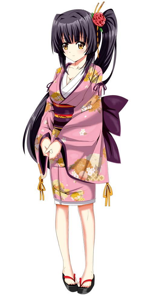 1girl ayaka_takamatsu black_footwear black_hair blush breasts brown_eyes cleavage floral_print flower full_body hair_flower hair_ornament hands_together japanese_clothes kimono long_hair looking_at_viewer obi official_art patriarch_xtasy pink_kimono sandals sash solo standing transparent_background very_long_hair wide_sleeves