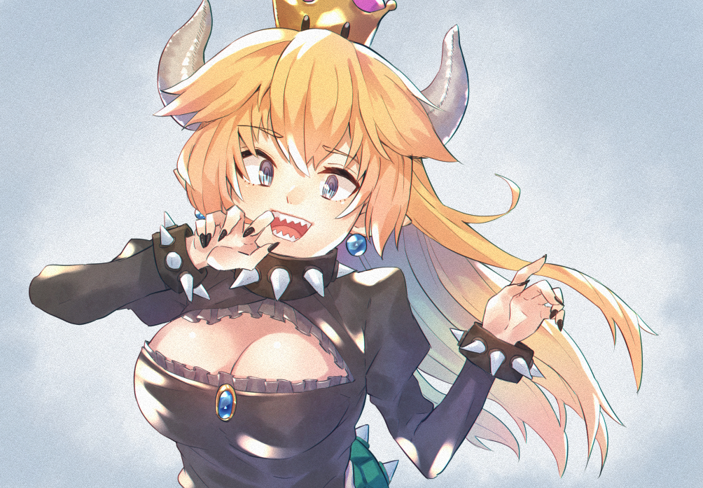 1girl black_collar black_dress black_nails blue_earrings bowsette bracelet cleavage_cutout collar crown dress eichan_(eichanidfi) eyebrows_visible_through_hair grey_background hair_between_eyes horns jewelry juliet_sleeves long_sleeves looking_at_viewer super_mario_bros. nail_polish new_super_mario_bros._u_deluxe nintendo open_mouth puffy_sleeves sharp_teeth smile solo spiked_bracelet spiked_collar spiked_shell spikes super_crown teeth turtle_shell upper_body