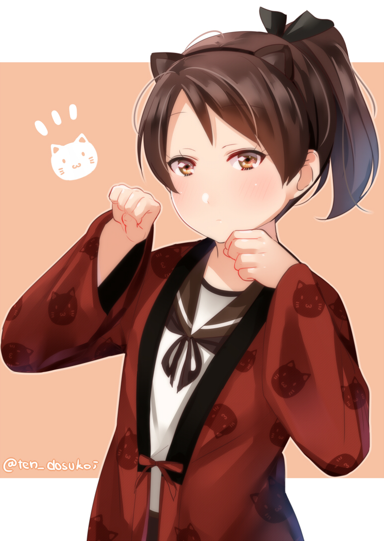 1girl animal_ears animal_print bangs black_sailor_collar blush brown_eyes brown_hair cat_ears cat_girl cat_print character_request closed_mouth clothing_request commentary_request expressionless eyebrows_visible_through_hair fake_animal_ears flat_chest hairband hands_up juurouta kantai_collection long_sleeves looking_at_viewer nape orange_background parted_bangs paw_pose raised_eyebrows sailor_collar school_uniform serafuku shirt short_hair sketch_eyebrows solo twitter_username up_sleeve white_shirt wide_sleeves