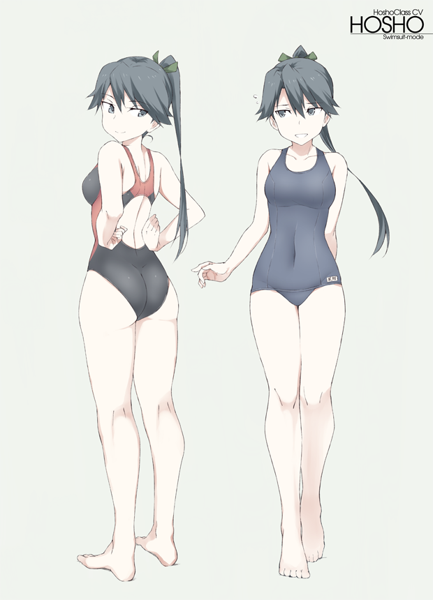 1girl ass barefoot black_eyes black_hair black_swimsuit blue_swimsuit character_name competition_swimsuit from_behind full_body grey_background high_ponytail houshou_(kantai_collection) kantai_collection looking_at_viewer multiple_views old_school_swimsuit one-piece_swimsuit ponytail school_swimsuit simple_background souji swimsuit