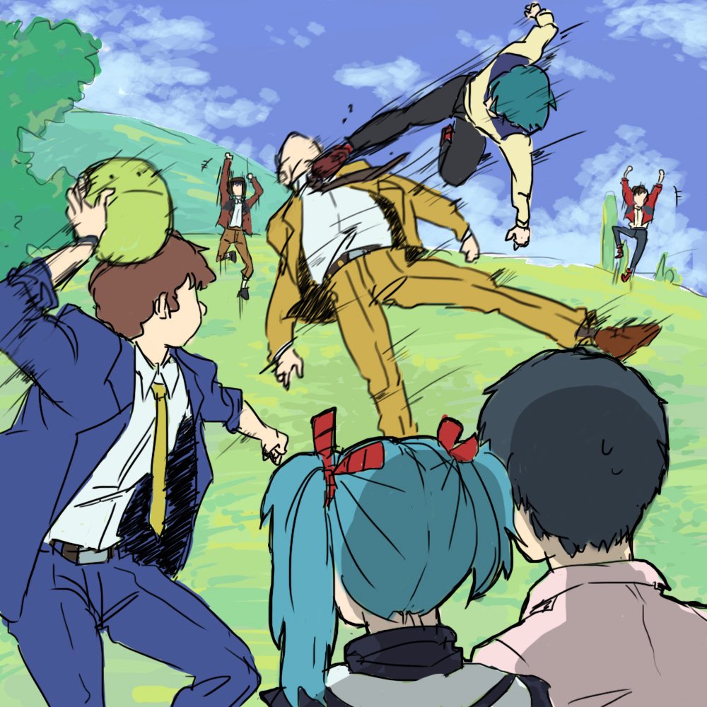 1girl 6+boys amuro_ray black_hair brown_hair char's_counterattack char_aznable commentary_request drop_kick formal green_hair gundam gyunei_guss haro hathaway_noa jacket judau_ashta kamille_bidan kicking long_hair multiple_boys necktie quess_paraya short_hair suit throwing twintails