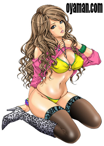 1girl animal_print bikini blue_eyes boots breasts brown_hair gyaru jewelry kogal large_breasts leopard_print long_hair lowres millipen_(medium) nail_polish navel necklace original oyaman simple_background solo swimsuit thigh-highs traditional_media white_background